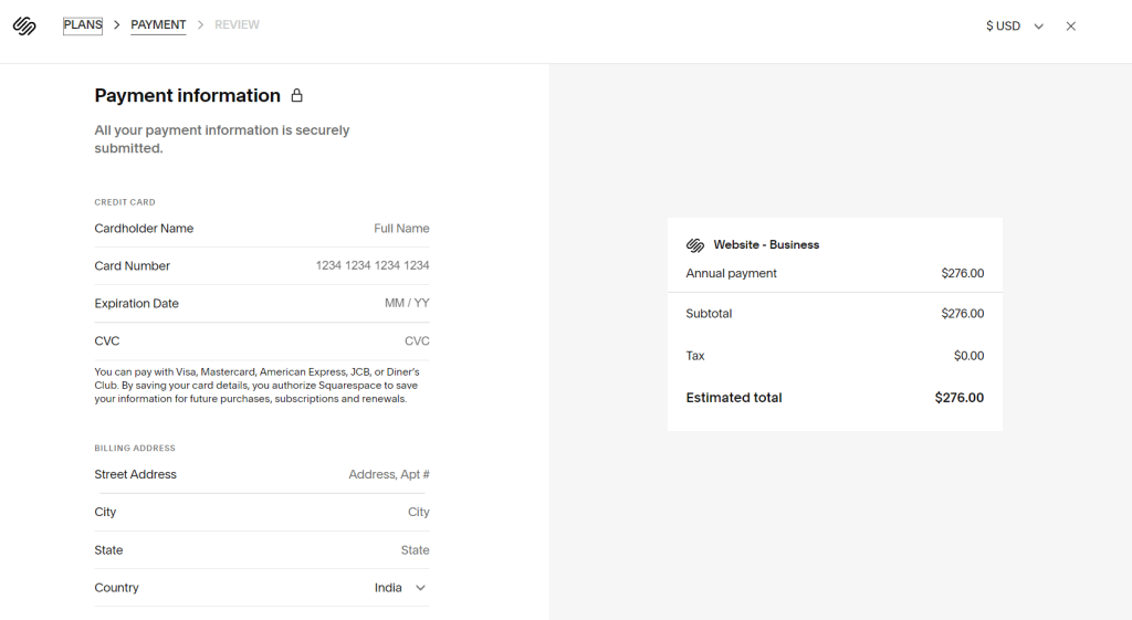 Squarespace Payment Information Page