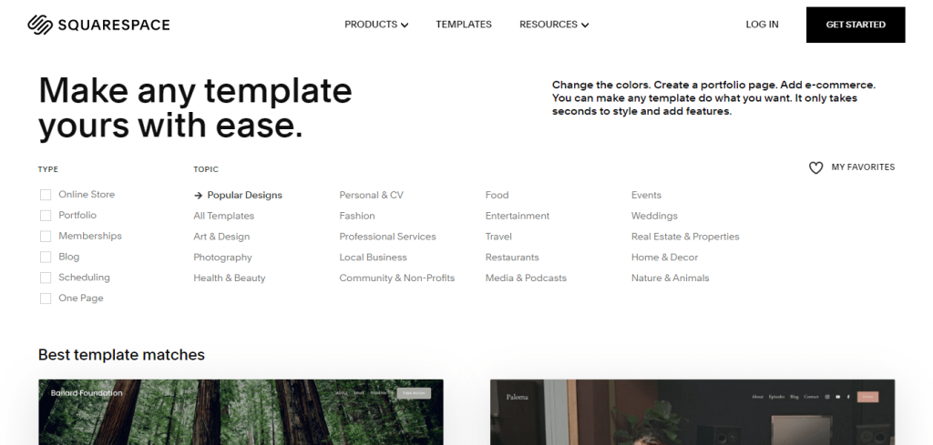 Squarespace template selection window