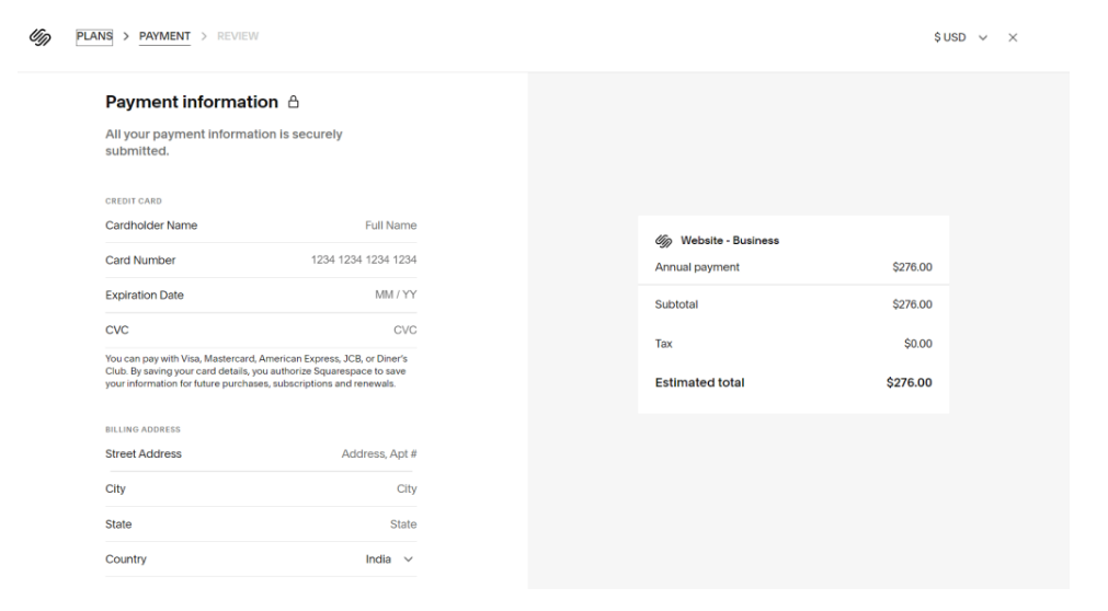 Payment Details Squarespace